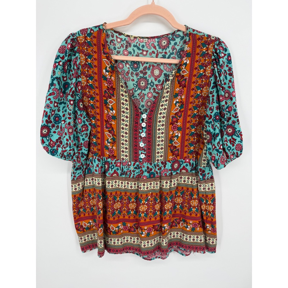Blouse Women Small Teal Orange Floral Boho Puff Sleeve V-Neck Top Peasant